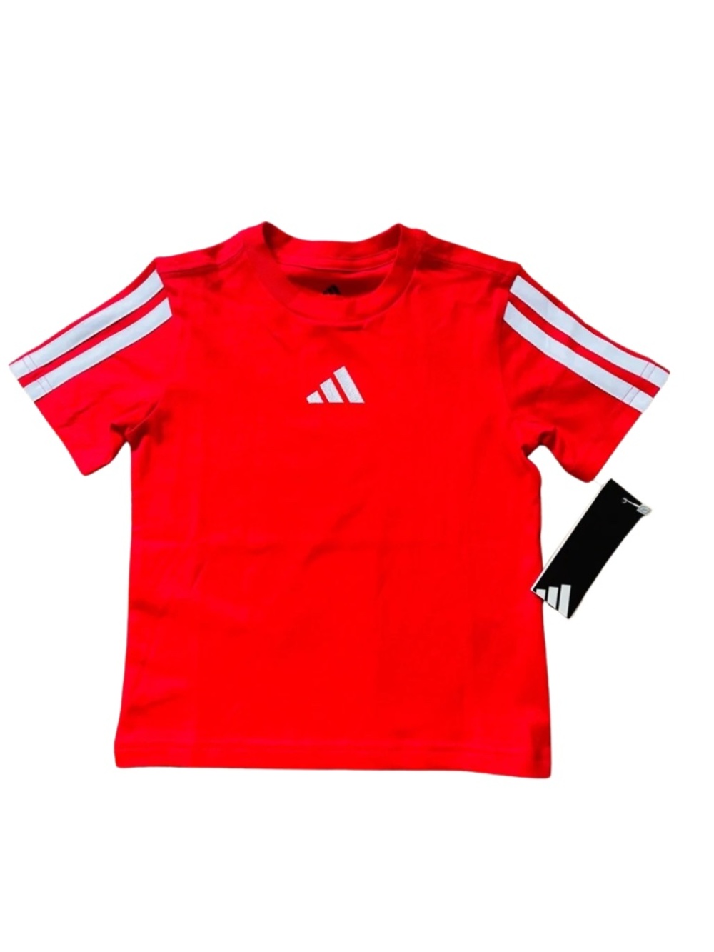 adidas Bright Red Tee with White Logo & Shoulder Stripes 4 #0136